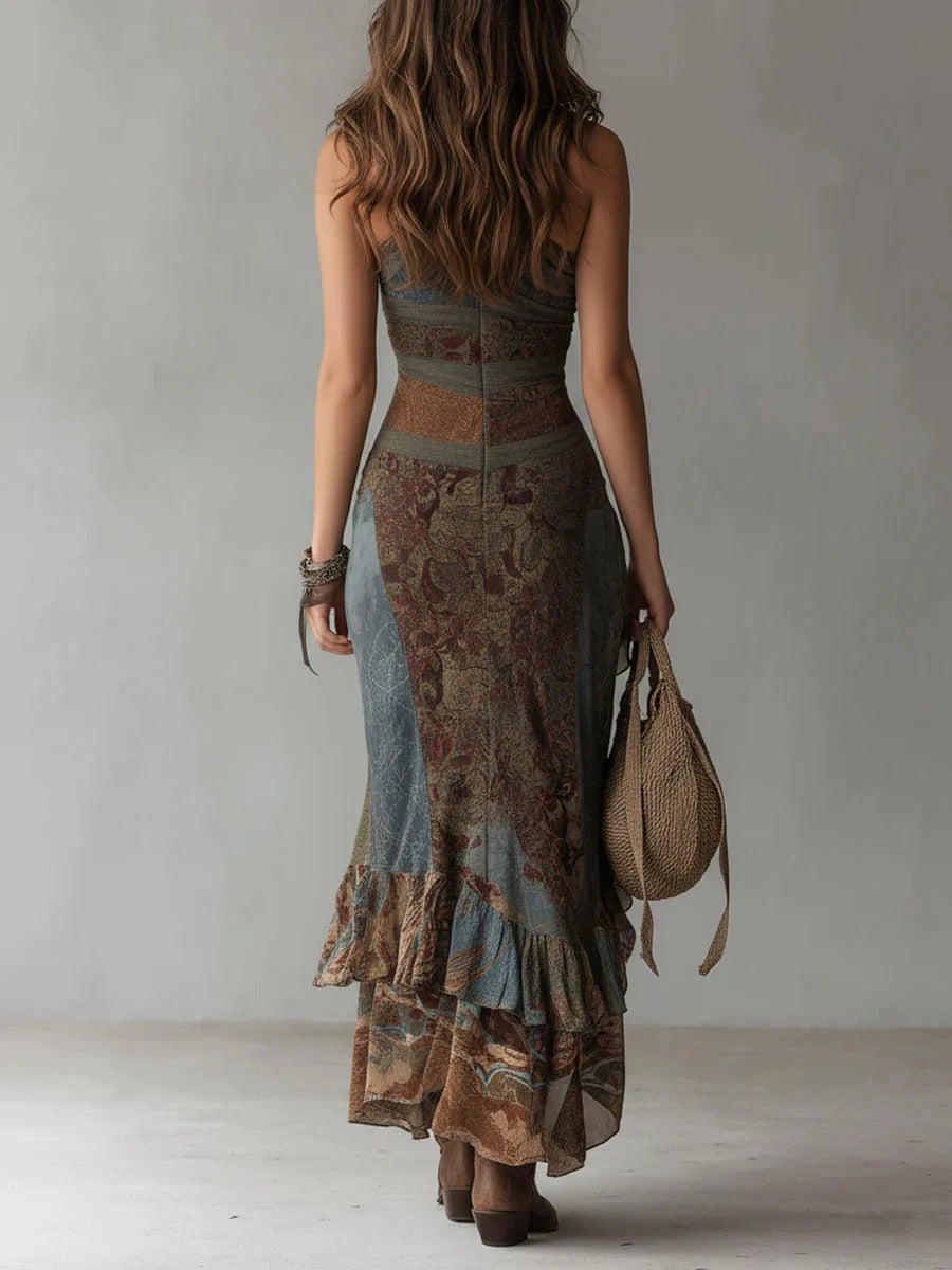 Maria | Robe longue asymétrique à imprimé ethnique et fente latérale