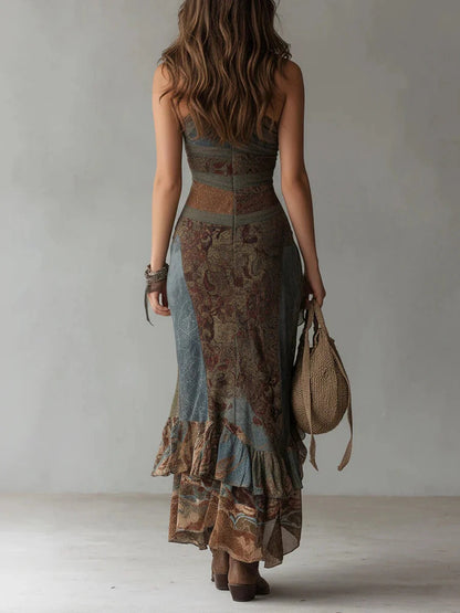Maria | Robe longue asymétrique à imprimé ethnique et fente latérale